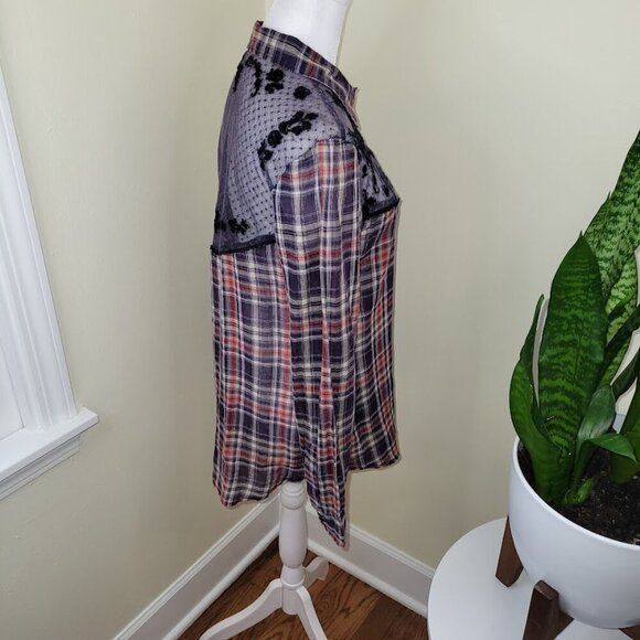 Free People Floral Lace Insert Plaid Cotton Top Long Sleeve Women's Size S - Picture 6 of 13